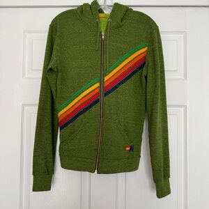 AVIATOR NATION | RARE! Vintage front/back rainbow-striped zip hoodie GREEN SMALL